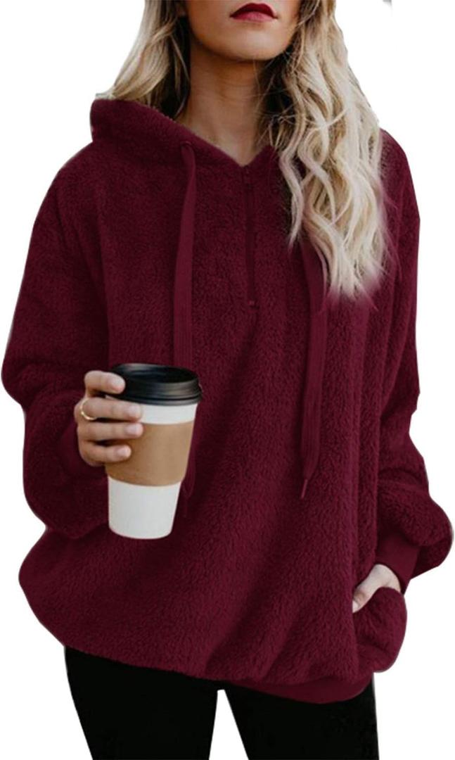 ReachMe Womens Oversized Sherpa Pullover Hoodie with Pockets Fuzzy Fleece Sweatshirt Fluffy Coats(A Burgundy,M)