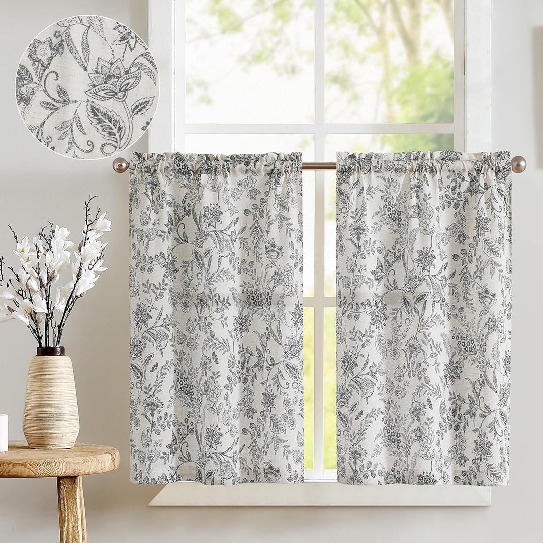 jinchan Floral Kitchen Curtains for Windows 36 Inch Linen Tier Farmhouse Cafe Curtains Country Botanic Small Window Rod Pocket Rustic Flax for Laundry Bathroom RV 2 Panels Black on Beige, Size: 26"W x 36"L (Pack of 2)