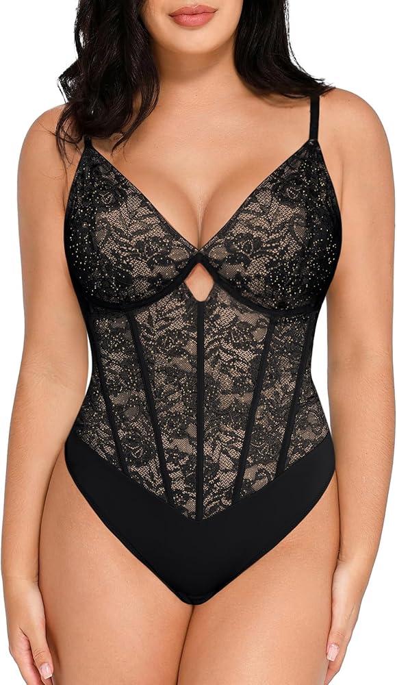 Popilush Lace Body Suits Women - Tummy Control V Neck Bodysuit with Side Zipper Going Out Corset Tops for Women Trendy 2025 L