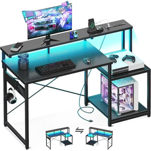 48-Inch Carbon Fiber Black Gaming Desk with LED Lights, Power Outlet, Printer Shelves, Reversible Design & Monitor Shelf