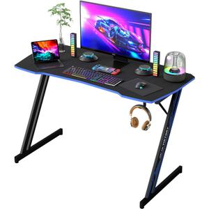 BestOffice 39" Gaming Desk Computer Gaming Desk Z Shaped Gaming Workstation Ergonomic Gaming Table with Headphone Hook for Game Players,Black&Blue