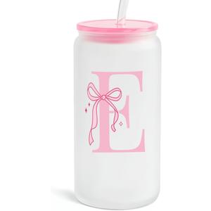SANDJEST Monogrammed Glass Drinking Can Cup with Acrylic Lid and Straw, Personalized Frosted Iced Coffee Tumbler 16oz, Monogram Initial Gifts for Women Girls on Birthday (E)