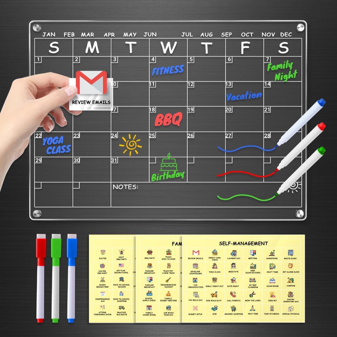 Acrylic Calendar for Fridge with 3 Packs Stickers & 3 Markers - Clear Magnetic Calendar for Refrigerator, Dry Erase Calendars for Fridge Whiteboard, 14.2"x10.2"