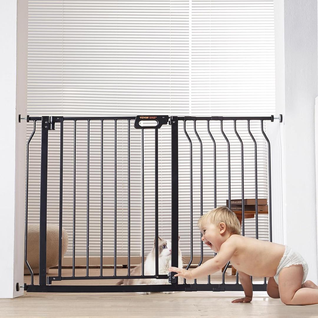 VEVOR 29.5-46.4" Extra Wide Safety Gate for Stairs, Auto Close Dog Gate for The House, Easy Install Pressure Mounted Pet Gates for Doorways, Easy Walk Thru Wide Safety Gate for Dog, Black