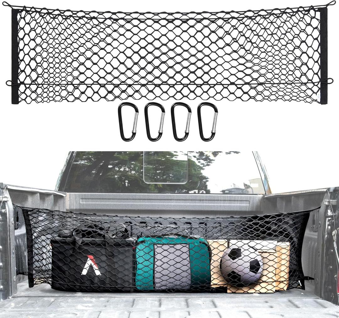 Truck Bed Cargo Net, Elastic Mesh Cargo Net with 4 Metal Carabiners, Black, Compatible with 2013-2022 Chevy Silverado, F150, F250, Gmc Trucks, 49x15.2 Inch