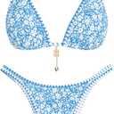 ZAFUL Women's Floral Bikini Set Color Block Double Spaghetti Strap High Cut Swimsuit Two Piece Bathing Suits (Blue, S)