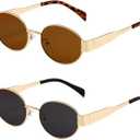 2 Pack Trendy Oval Sunglasses for Women Retro Designer Gold Sun Glasses Classic Metal Frame Shades 90s