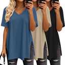 Huukeay 3 Pack Oversized Shirts for Women V Neck Workout T Shirt Casual Side Split Tee Short Sleeve Loose Tops Tunic Tops (Large, Black, Gray Khaki, Haze Blue)