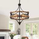 6-Light Large Rustic Farmhouse Wood Pendant Light Fixture with Adjustable Chain, 20 inch Oak Wood and Metal Chandelier for Dining Room Kitchen Island Living Room Entry Farmhouse, Black