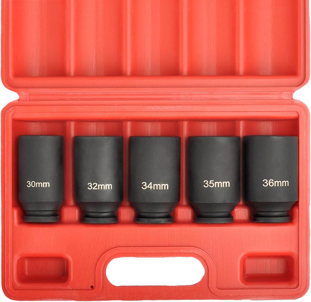 1/2 Inch Drive 12 Point Axle Nut Socket Set Metric Deep Impact Socket Set 30mm 32mm 34mm 35mm 36mm, Cr-Mo Steel, Black (5pcs)