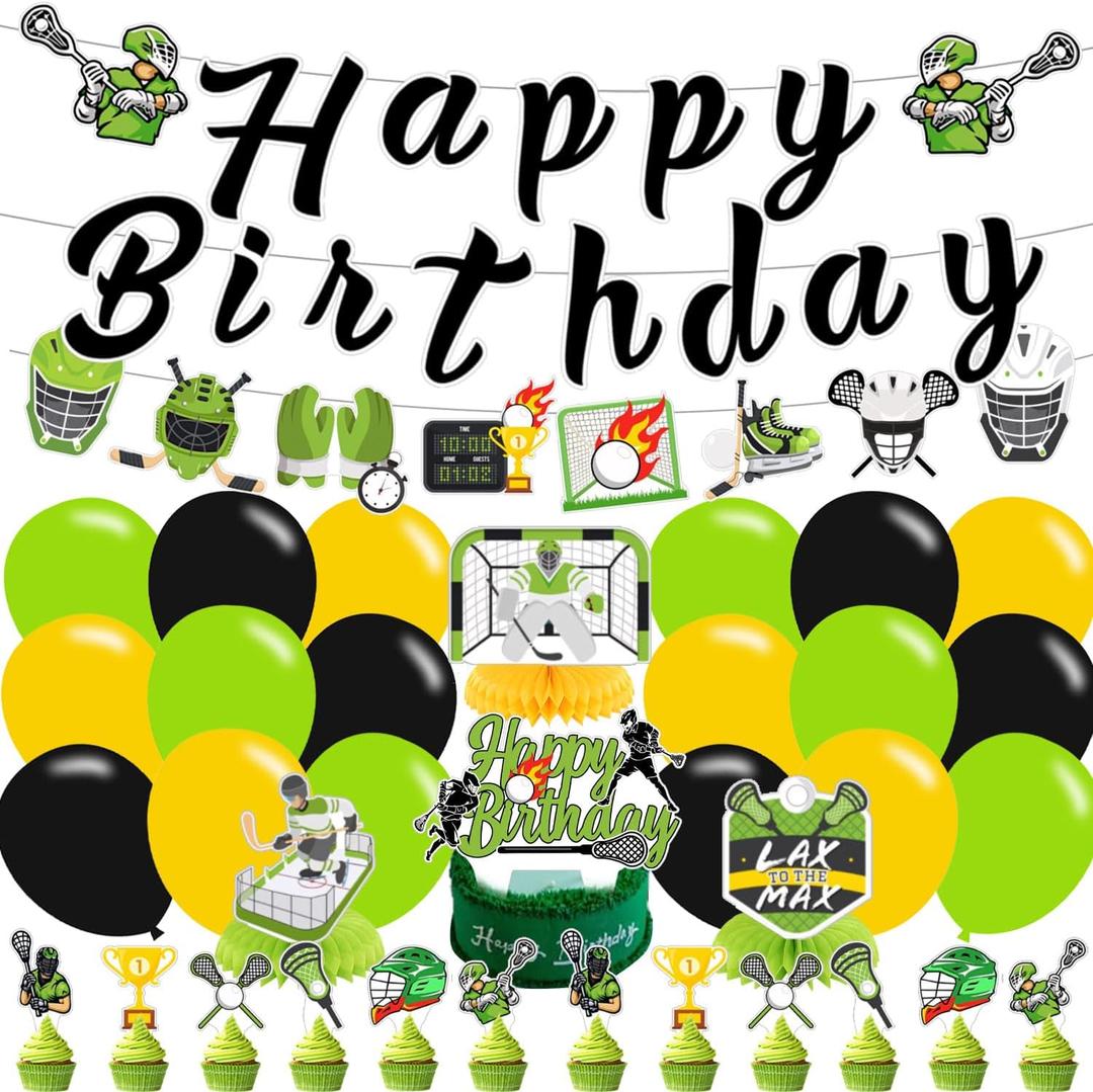 Lacrosse Birthday Party Decorations, Lacrosse Happy Birthday Decoration Banner Silver Green Black Balloon Cake Cupcake Topper for Boy Sport Theme Birthday Party