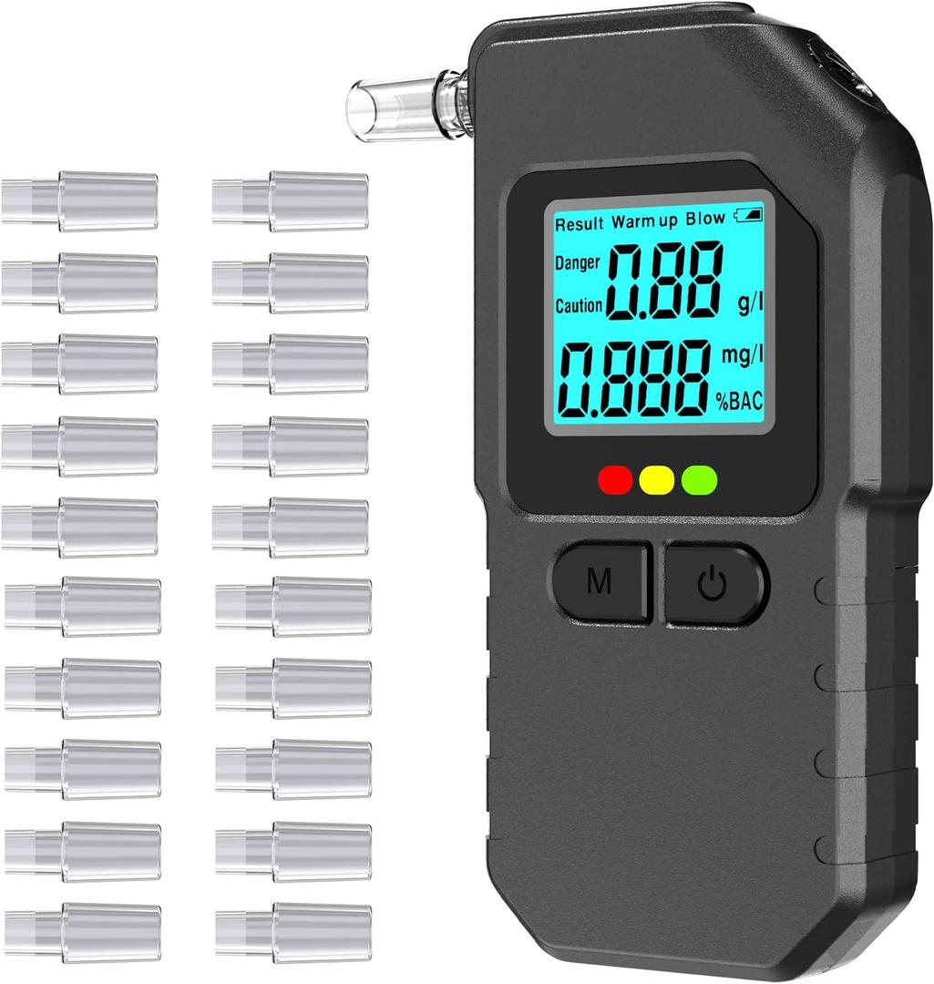 Breathalyzer, Portable BAC Tester with Digital LCD Display, Personal Breath Alcohol Device with 20 Mouthpieces, Compact Handheld Monitor for Home, Travel, Parties, Car, Easy Use