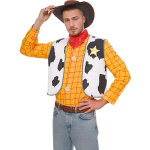 Cowboy Costume Tartan Shirt Men's Lapel T-Shirt Button Down Vest Scarf (Medium)