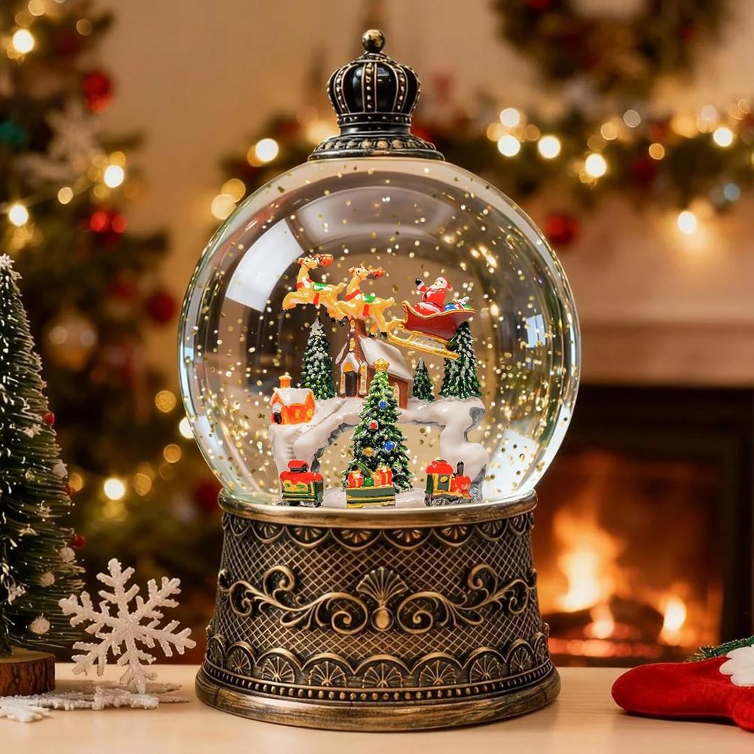 Christmas Snow Globes Lantern, Santa Claus and Reindeer Christmas Decorations Indoor, 6H Timer Battery & USB Powered Light Up Musical Snow Globes for Kids Women Adults Gift Thanksgiving Home Decor (Train Christmas Tree Sleigh 113)