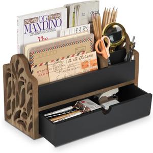 Desk Organizer with Drawer Wood File Office Mail Organizer Countertop-5 Slot Tabletop Storage Pen Organizer Letter Holder for School Home Office Supplies (Black)