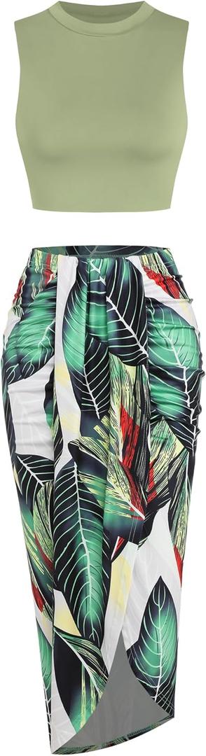 ZAFUL Women's Casual Sleeveless Summer Two Piece Outfits Crop Top and Side Split Draped Ruched Maxi Skirt Set Solid Suiting (Medium, B-floral Green)
