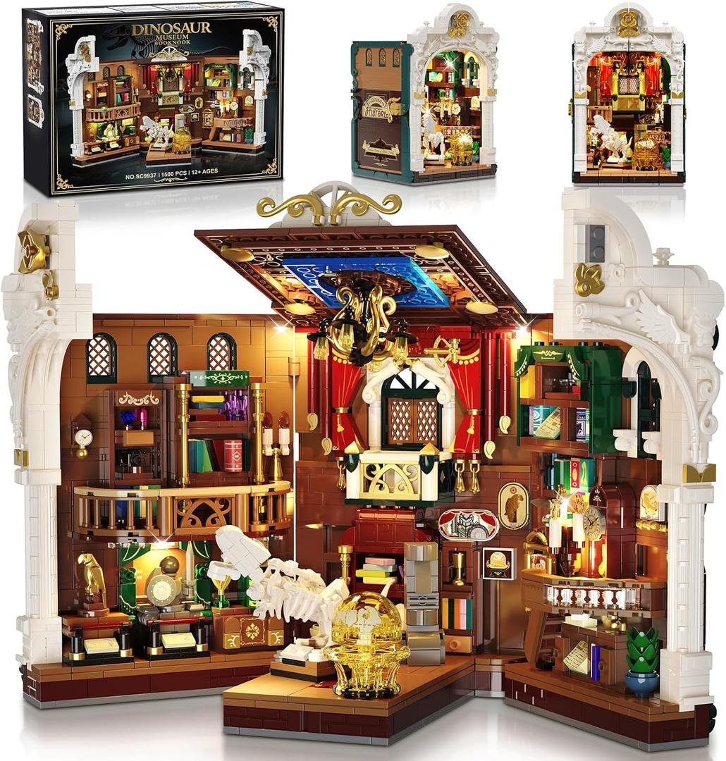 Dinosaur Museum Book Nook Building Set for Adults with Lights, DIY Miniature House Building Kit for Bookshelf Home Decor, Big Booknook Model Building Block Toy Gifts for Teens Boys Girls 12+