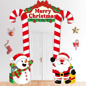 3 Pcs Merry Christmas Party Decorations Christmas Santa Door Banner Snowman Photo Booth Props Large Xmas Candy Cane Gifts Photography Backdrop for Kids Boys Girls Games Favors Supply