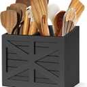 Wood Utensil Holder, Large Kitchen Utensil Holder for Countertop, Cooking Utensil Organizer for Flatware, Black Utensil Caddy with 2 Compartments, Rustic Utensils Organizer for Kitchen Counter (Black)