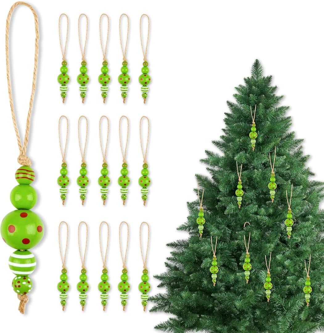 12 Sets Christmas Tree Candy Cane Hanging Ornaments Peppermint Green Decorative Wood Bead Hanging Garland for Xmas Tree Winter NYE Home Decoration