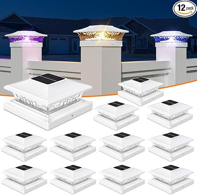 APONUO Solar Post Cap Lights with 8 RGB Solid Colors & Multicolor Flow - 12 Pack Fence Post Solar Lights, IP65 Waterproof - Fits 4x4 5x5 6x6 Wood & Vinyl Posts - White