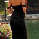 PRETTYGARDEN Summer Wedding Guest Dresses for Women 2026 Off the Shoulder Ruched Bodycon Spring Midi Cocktail Party Dress (Black, L)