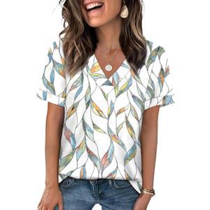WIHOLL Womens Summer Tops Short Sleeve Basic Casual V Neck T Shirts Trendy Fashion 2026 (Large, Z- Multi Leaf)