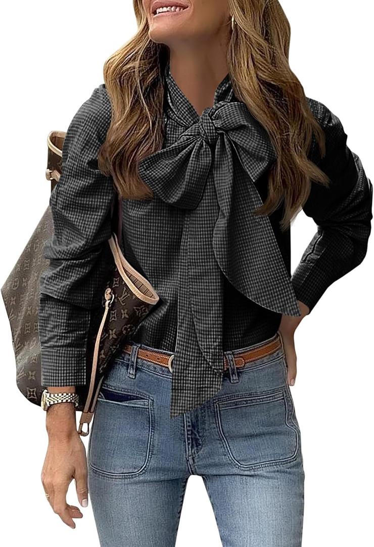Cicy Bell Womens Plaid Shirts Bow Tied Neck Button Down Long Sleeve Casual Dressy Blouse Tops (Small, Black)