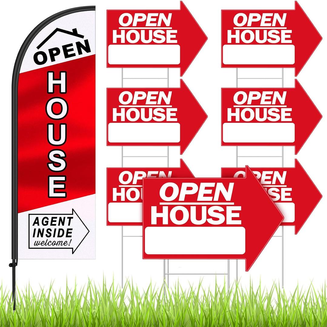 Juexica 8 Pcs Open House Signs for Real Estate with Pole Kit 7 Pcs 24 x 18 Inch Open House Red Arrow Yard Signs Double Sided Swooper Banners Feather Flag for Outside