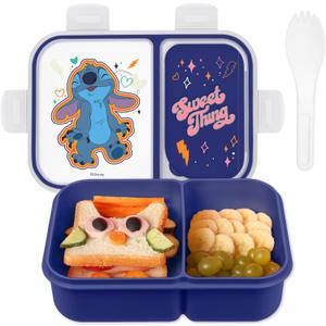Disney Bento Box Leak-Proof Kids Lunch Box with Divided Compartments & Detachable Spork - Mickey & Minnie, Stitch, & Winnie the Pooh BPA Free Bento Box (Medium)