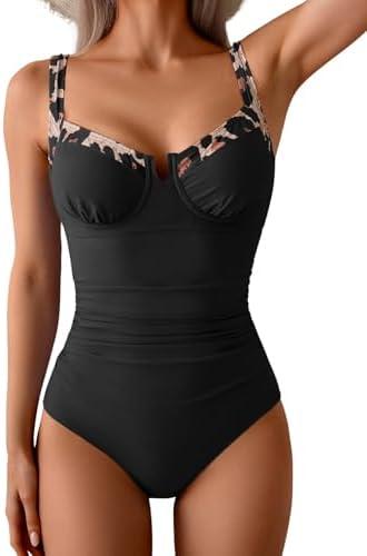B2prity Women's Underwire One Piece Swimsuits Tummy Control Bathing Suits Push Up Swim Suit Color Block Swimwear L