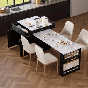 82.7"-56" Kitchen Island with Extendable Dining Table, Faux Mable Kitchen Cart with Power Outlet, Double-Sized Storage, Rolling Kitchen Table with Storage 2 Drawers 2 Side Open Shelves, Black
