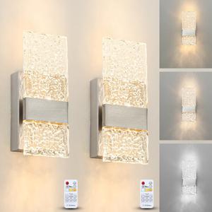 Unique Modern Brushed Nickel LED Crystal Wall Sconce, Battery Operated Light Fixtures for Bedroom Living Room, Crystal Rechargeable Sconce Set of Two, LED Wireless Acrylic Vanity Light(9.25inch)
