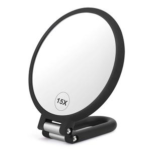 Magnifying Handheld Mirror Double Sided, 1X 15X Magnification Hand Mirrors, Travel Folding Hand Held Mirror, 360Rotation Pedestal Makeup Vanity Mirror