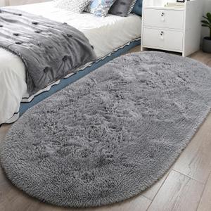 LOCHAS Bedroom Rug 2.6' x 5.3', Gray Fluffy Shaggy Area Rug for Bedroom Bedside, Soft Oval Throw Rugs Carpet for Kids Girls Nursery Living Room Home Decor