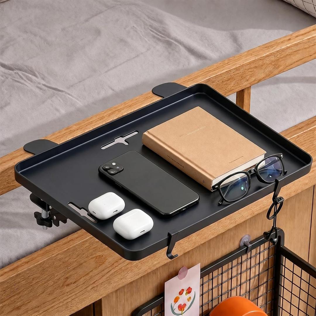 ISOHYET Bedside Shelf for Bunk Bed Top Bunk – Clip on Tray for College Dorm Essentials, Top Bunk Shelf with Cable Catch & Bedside Organizer, Dorm Storage, Floating Nightstand & Bed Tray, Black, 14.17"D x 10.04"W x 1.97"H
