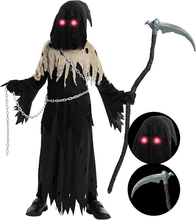 Spooktacular Creations Halloween Glowing Eyes Grim Reaper Costume for Kids, Dark Knight Reaper Phantom Costume for Halloween Dress Up-S(5-7yr)