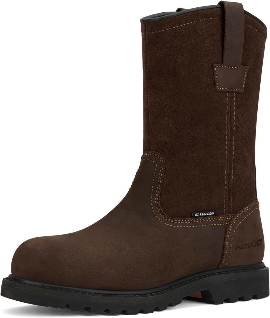 HISEA NINGO Mens Steel/Soft Toe Work Boots, 100% Waterproof Wellington Boots Shoes with Full-grain Leather, Oil Slip Resistant, Hazard Protection, Pull on Work Boots for Men, for Construction, Farming (7)