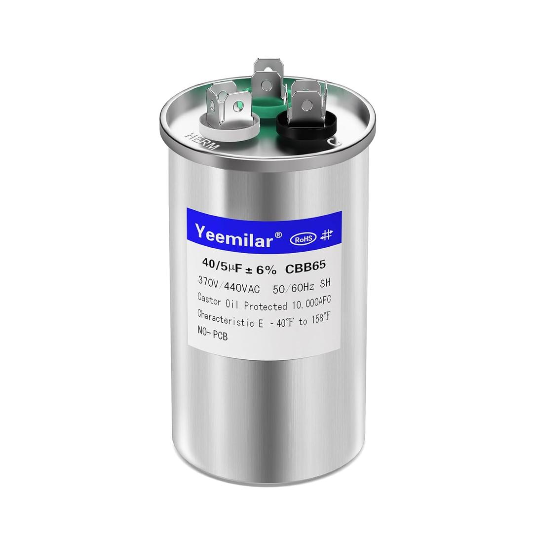 40+5 uF 40/5 MFD 6% 370V/440V CBB65 AC Capacitor, Dual Run Round Capacitor Replacement for HVAC Motor Start, Fan Start, Heat Pump, Condenser Straight Cool