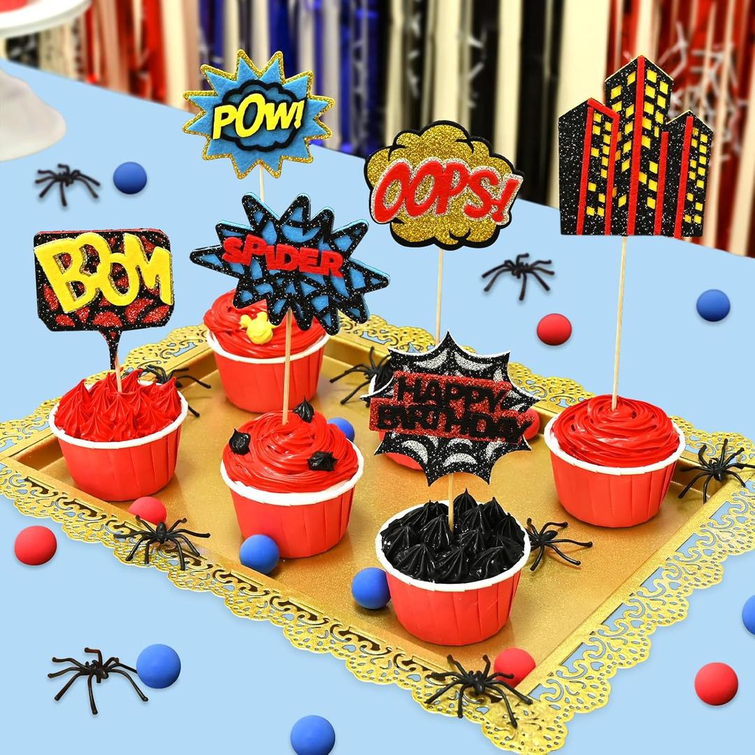2 x 12 Pcs Spider Cake Toppers, Spider Theme Cupcake Decorations Glitter Red Black Blue Spider Pattern Birthday Party Supplies, Spider Web Birthday Decorations for Boys, Men, Baby Shower