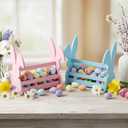 Yookeer 2 Pcs Wood Bunny Easter Baskets with Handle, Cute Easter Rabbit Candy Eggs Basket Empty Hunt Container Storage for Gifts, Pink and Blue