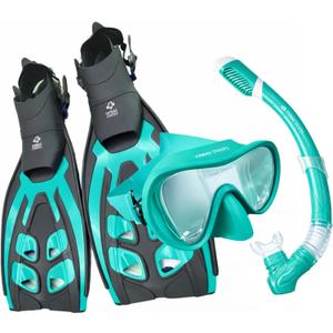 Deep Sea Adult - Snorkeling Set, Tempered Glass Snorkel Mask, Dry-Top Snorkel Gear, Adjustable Fins (Small-Medium, Teal/Black)