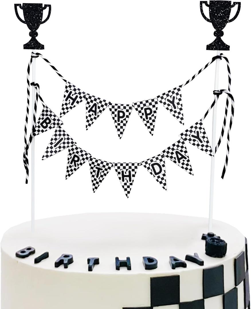 Happy Birthday Cake Topper Banner, Black and White Checkered Racing Theme, Trophy Design Cake Decoration, 8 Inch