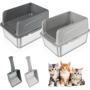 2 Pack Kitty Stainless Steel Litter Box, Large Rabbit Litter Box with Scoop, Small Animal Toilet for Kitten, Rabbit, Guinea Pigs, Hamster(Dark Grey & Light Grey)