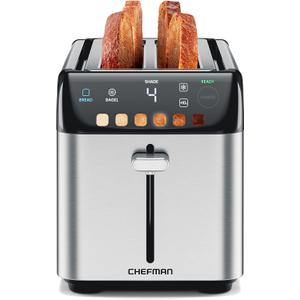 Chefman Smart Touch 4 Slice Digital Toaster, 6 Shade Settings, Stainless Steel Toaster 4 Slice with Extra-Wide Slots, Thick Bread Toaster and Bagel Toaster, 10, Defrost, Removable Crumb Tray