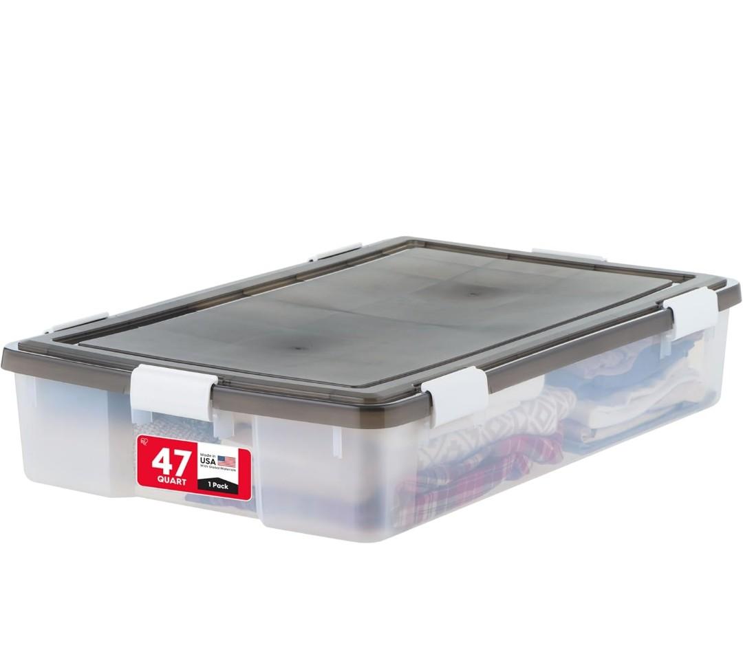 IRIS USA WeatherPro Underbed 47 Qt Storage Bins with Lids, 1 Pack, BPA-Free Plastic Gasket Box with Tight Latch and Seal, Stackable Nestable Underbed Tote Tub - Gray/Clear