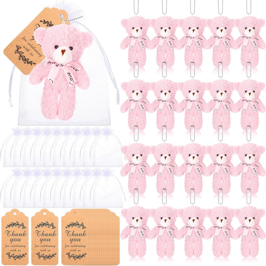 Lenwen 60 Pcs Tiny Stuffed Bear Baby Shower Decorations, Include 4.7 Inch Soft Bear Doll White Organza Bag Thank You Tag for Wedding Birthday Party (Pink)