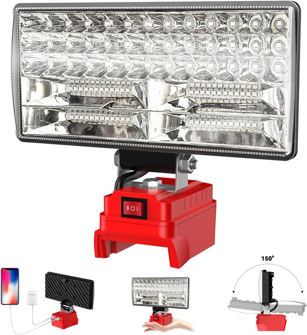 8" Cordless LED Work Light for Milwaukee M18 Battery, Two Levels Adjustable FloodLight up to 90W 5400 Lumens with USB Charging Port, Portable LED Flashlight for Work, Camping, Outdoor(No Battery)