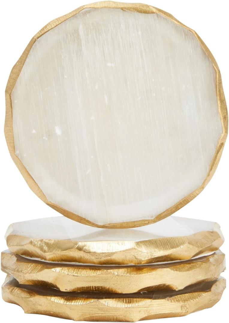 Juvale Natural Selenite Crystal Coasters - Absorbent Surface Barrier & Crystal Drink Coasters - Handcrafted Geode Slices & Gold Decor Accent - Set of 4 for Cups & Bottles - 4-Pack, 3.75-4 in