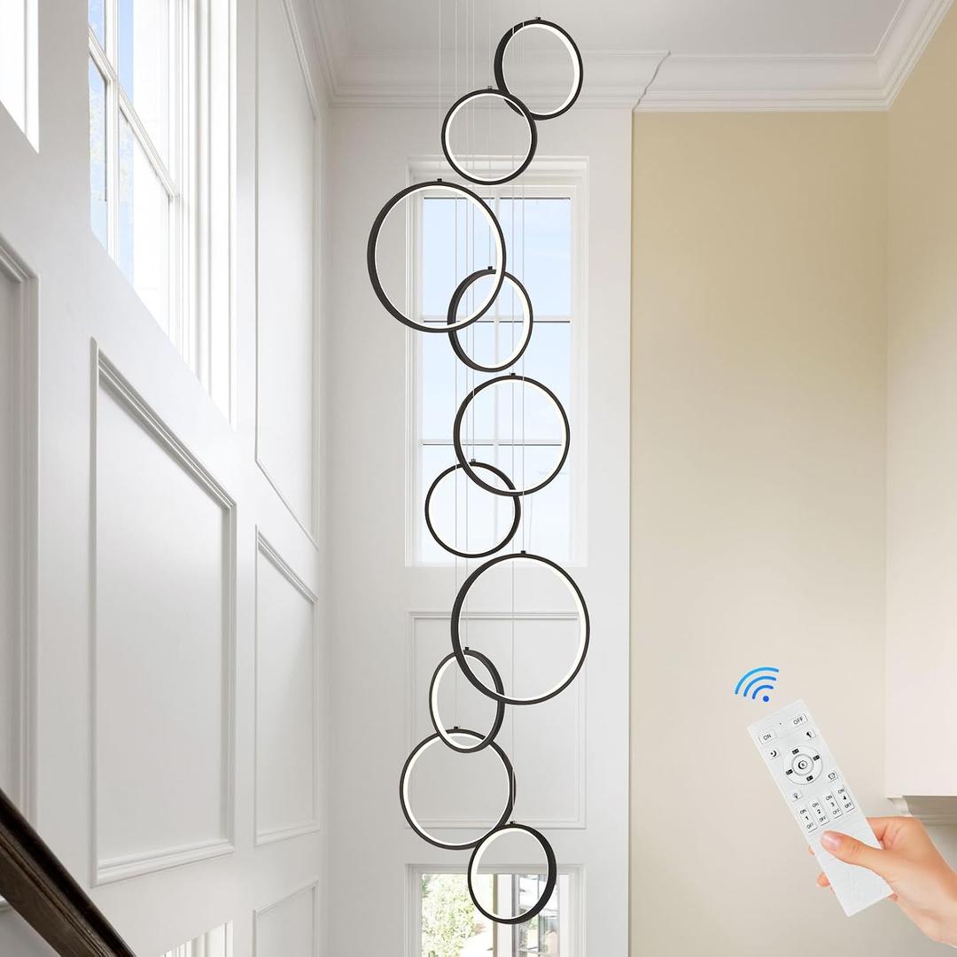 10 Rings Modern LED Chandelier for High Ceiling Dimmable Black Contemporary Pendant Light Fixture Long Foyer Chandelier for Entryway Staircase Dining Room Living Room, 3000-6500K